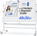 Oline Mobile Whiteboard 48 x 36 Inch Large Height Adjust 360° Magnetic Rolling Double Sided Reversible Dry Erase Board (48x36, White & Silver)