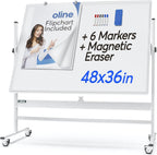 Oline Mobile Whiteboard 48 x 36 Inch Large Height Adjust 360° Magnetic Rolling Double Sided Reversible Dry Erase Board (48x36, White & Silver)