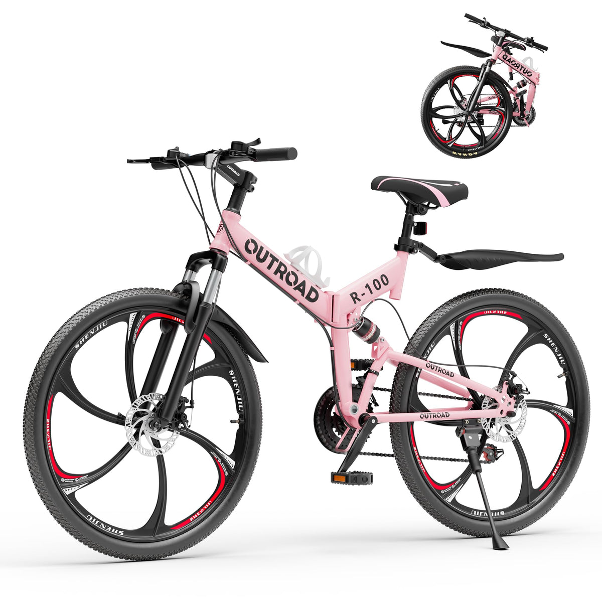 Betterland 26 Inch Adult Folding Mountain Bike, 21 Speeds Full Suspension Foldable Bikes, Dual Disc Brake, High Carbon Steel Frame Bicycle for Men Women