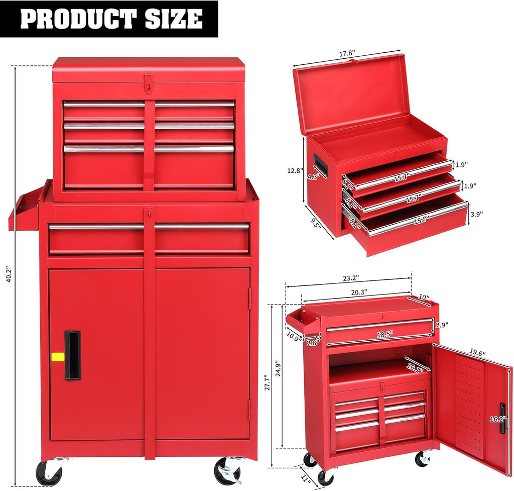 Winado 4-Drawer Rolling Tool Chest, 2-in-1 Large Storage Toolbox, Red