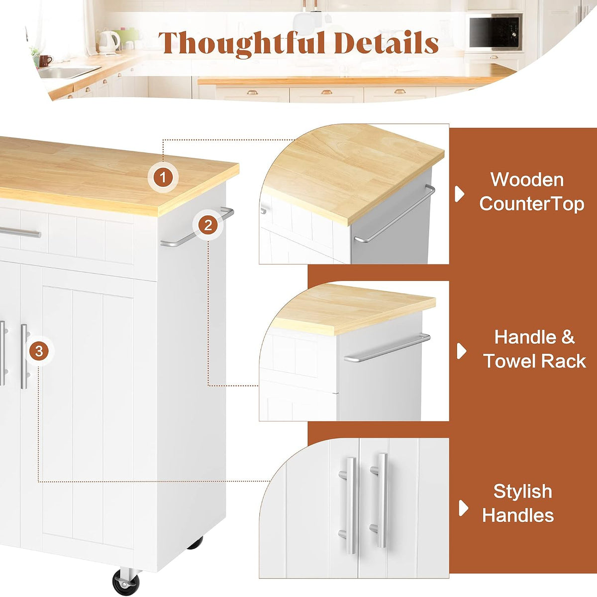 JY QAQA 26" Rolling Kitchen Island Cart on Wheels, Mobile Storage Cabinet with Drawer & Inner Shelves, Towel Rack, Lockable Casters, Wood‑Top Portable Prep Cart for Kitchen Dining Apartment, White
