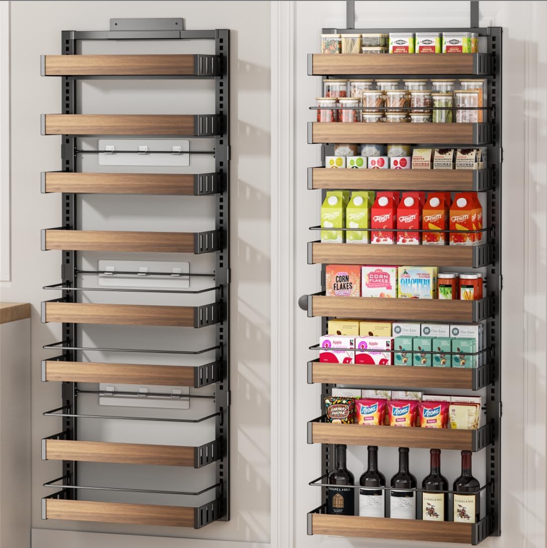 POKIPO 8 Tier Over The Door Pantry Organizer, 2 IN 1 Wall Mount or Hanging Spice Rack Seasoning Shelves with Adjustable Basket, Back of Door Organizer and Storage for Kitchen Cabinet and Room Closet