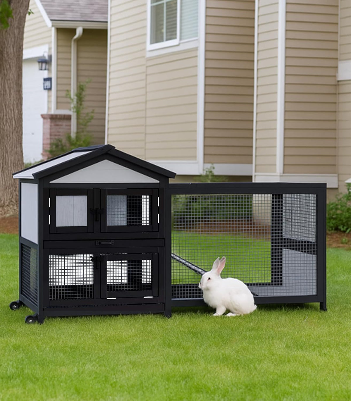 Rabbit Hutch 58" Rabbit Cage Outdoor&Indoor 2-Story Chicken Coop Guinea Pig Cage on Wheels Bunny Cage with 3 Deep No Leakage Pull Out Tray,Waterproof Roof (Black)