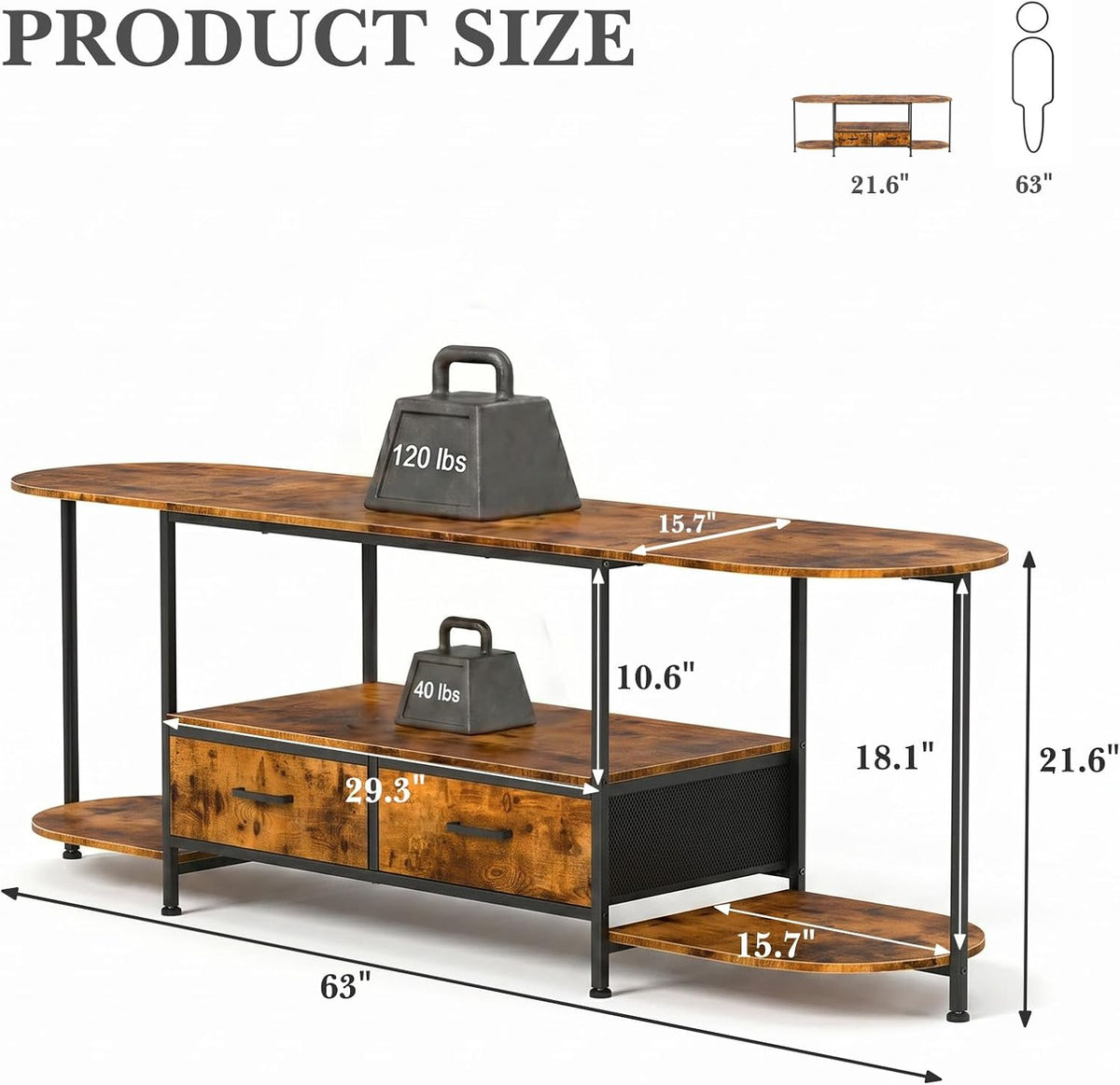 Faesun 63" TV Stand for TVs up to 75 Inches, Curved Edge Media Console & Entertainment Center with 2 Fabric Drawers, Modern TV Console Table for Living Room or Bedroom, Rustic Brown