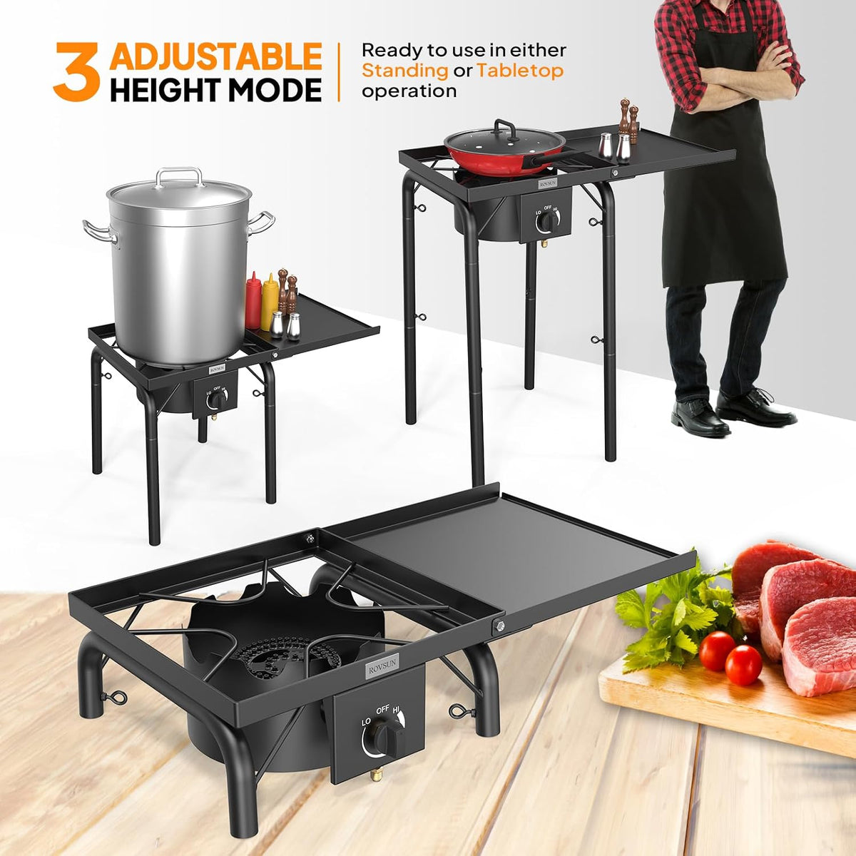 ROVSUN Single Burner Gas Stove with Side Shelf, 100,000BTU Portable Propane Stove with Removable Leg & Regulator for Camping Home Backyard Outdoor Cooking Brewing Canning Turkey Frying