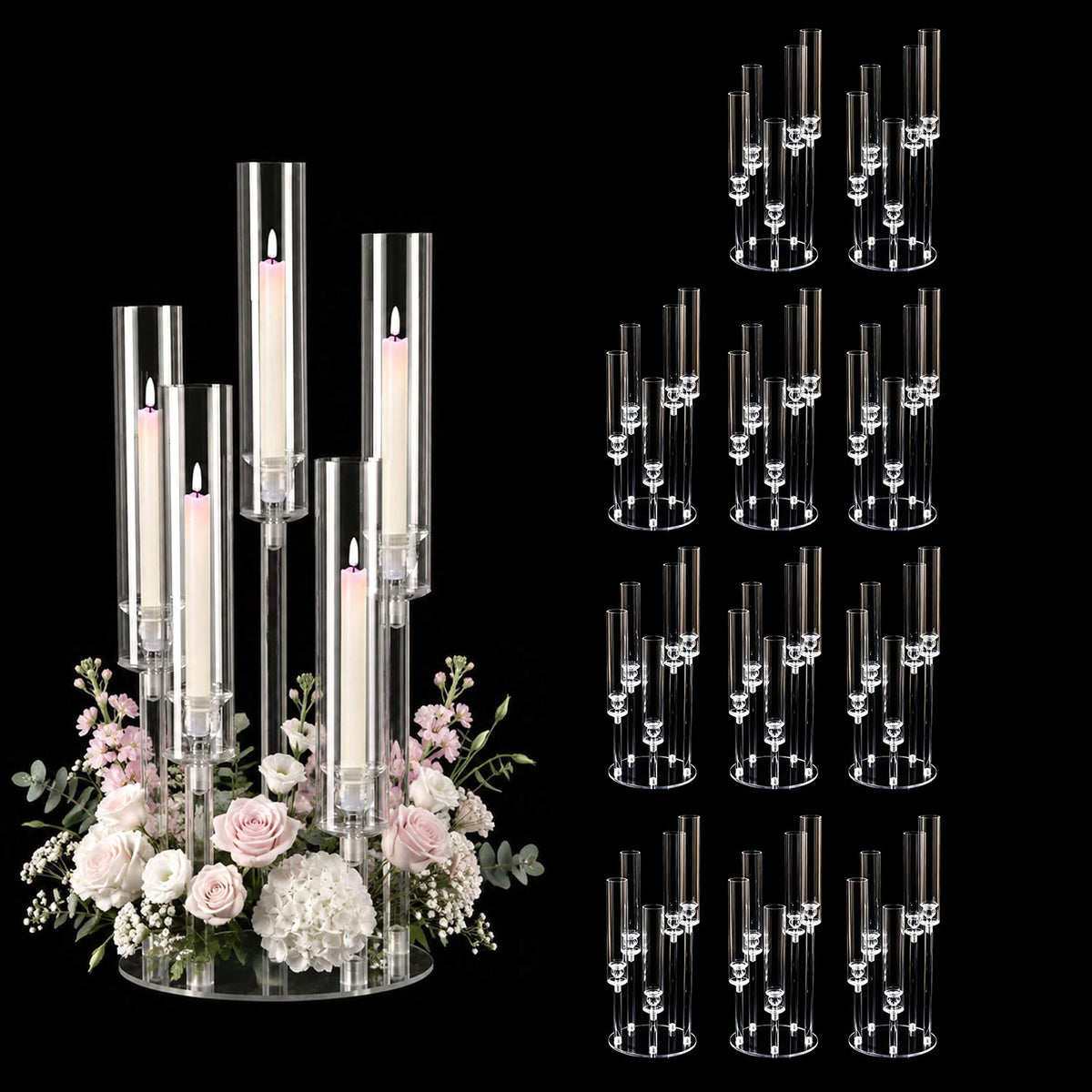 5PCS Acrylic Candelabra for Table Centerpieces,5 Arm Candle Stick Candle Holder Bulk for Wedding Party Birthday Baby Shower Christmas Decor candelabros para centros de mesa Fit 0.8 LED Candle