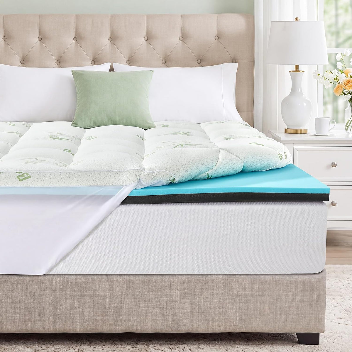 MASVIS 4 Inch King Mattress Topper, 2-in-1 Dual Layer Design, 2" Gel Memory Foam and 2" Pillow Top Mattress Pad Cover, Viscose Made from Bamboo, Pressure Relief & Medium Firm Support