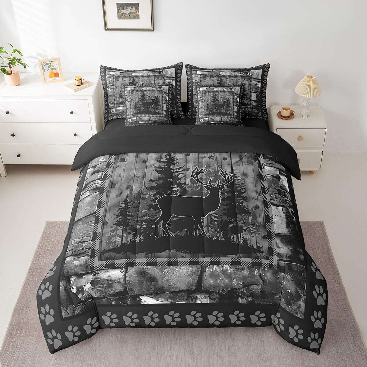 Feelyou Deer Comforter Set with Sheets King Size 7 piece Kids Rustic Deer Hunting Bedding Set Cabin Lodge Deer Bed in a Bag Farmhouse Nature Wildlife Antlers Brown Bed Set