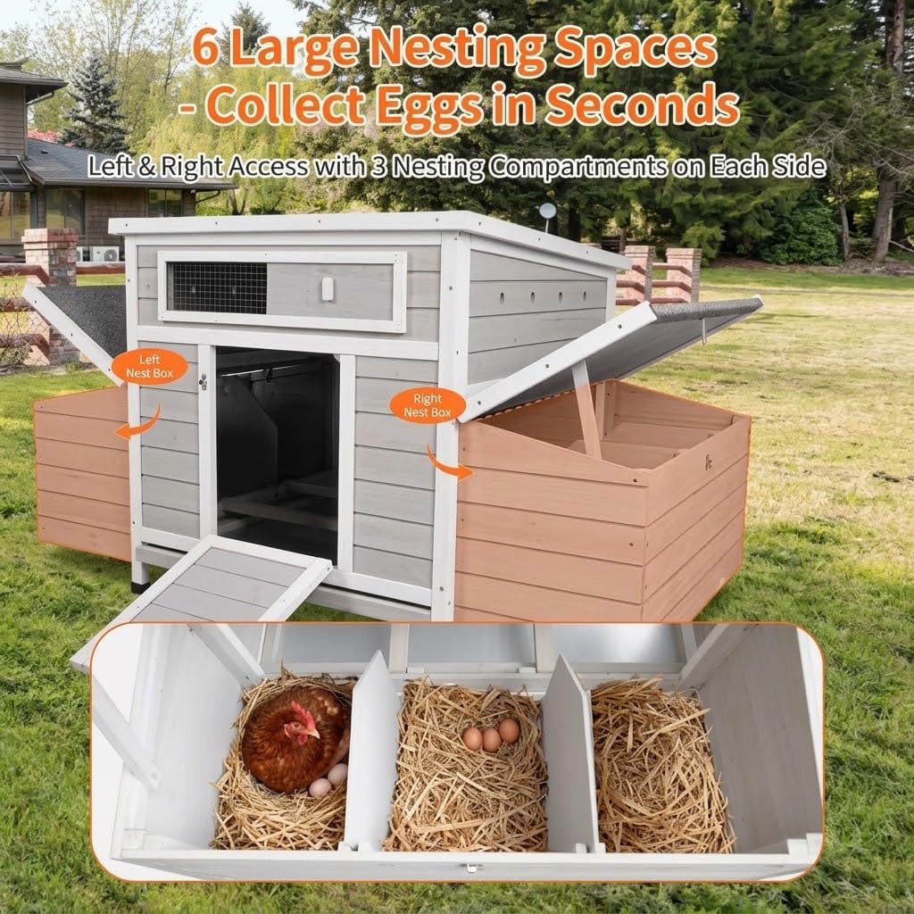 58”Solid Wood Chicken Coop for 3-4 Chickens,Outdoor Hen House Poultry Pet Hutch with Run Cage and 2 Sides Nesting Box,Waterproof Asphalt Roof Ramp,Removable Tray Wire Fence for Backyard