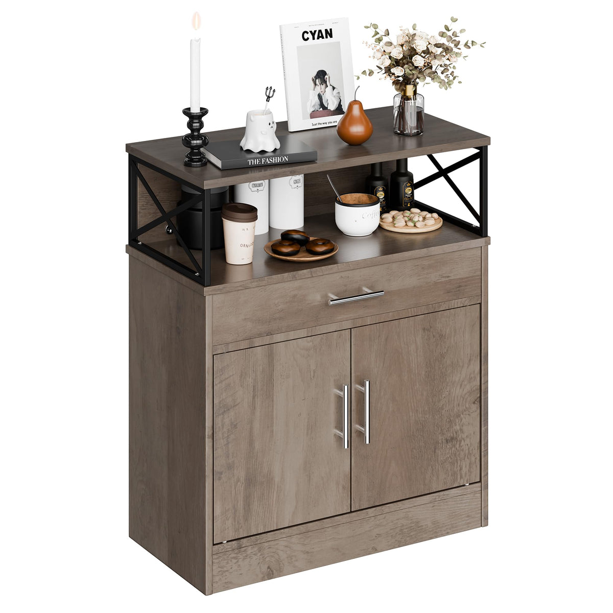 SUNLEI Coffee Bar Cabinet with Storage, Farmhouse Buffet Cabinet with 4 Doors & Adjustable Shelves, Kitchen Sideboard Cabinet for Coffee Station, Dining Room, Living Room & Home, White