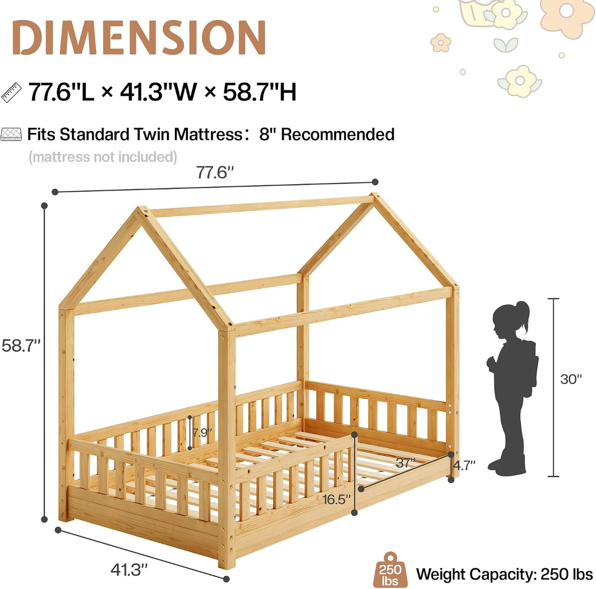 Jocisland Twin Size House Bed for Kids with Guardrails, Natural Wood