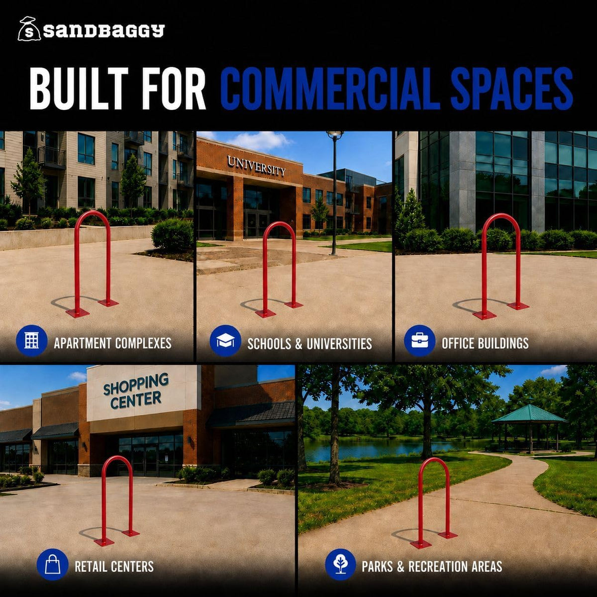Sandbaggy U Shaped Bike Rack - Outdoor, Commercial - Steel - Surface/Ground Mounted (1, Red)