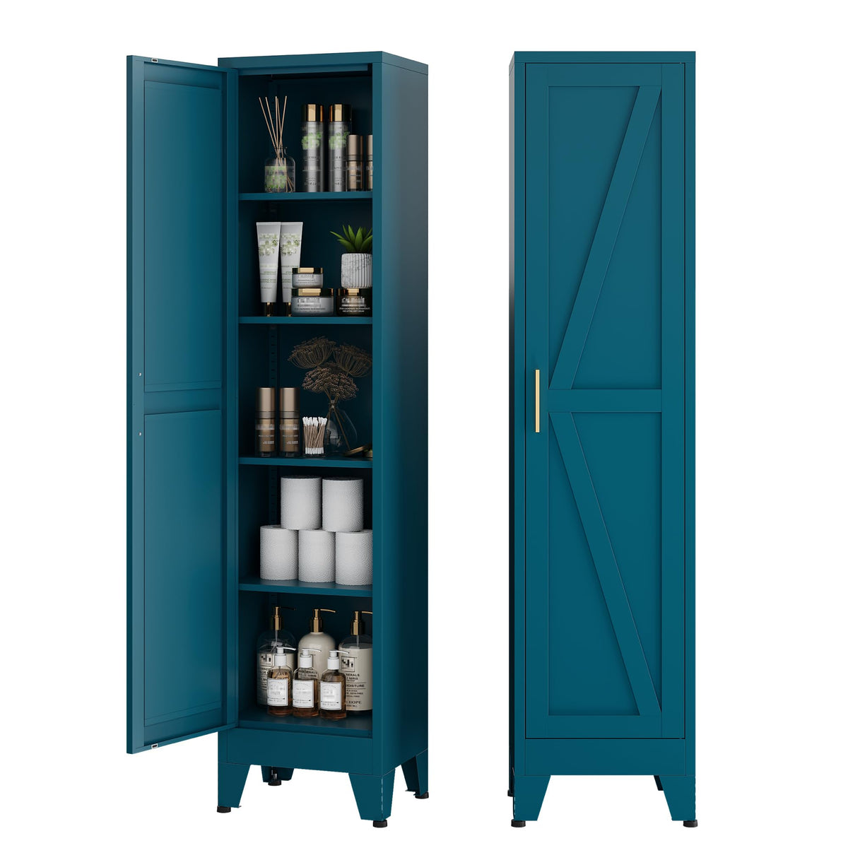 COFaR Black Farmhouse Storage Kitchen Pantry Cabinet with 2 Barn Door, 3 Adjustable Shelves and Legs, for Cupboard/Dining Room/Bathroom/Living Room/Office/Laundry Room (Black, 61" Farmhouse)