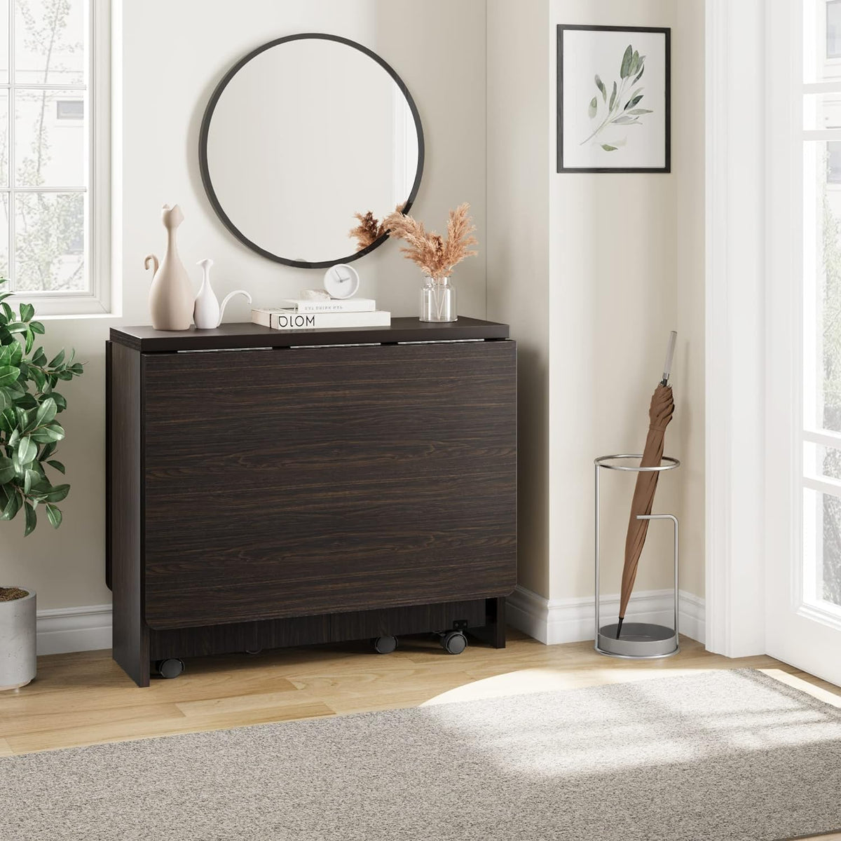 IDEALHOUSE FoldingTable, Drop Leaf Dining Table with 6 Wheels and 2-Layer Storage Shelf, Space Saving Table for Small Spaces (Dark Walnut, 50.1" D x 31.4" W x 29.5" H)