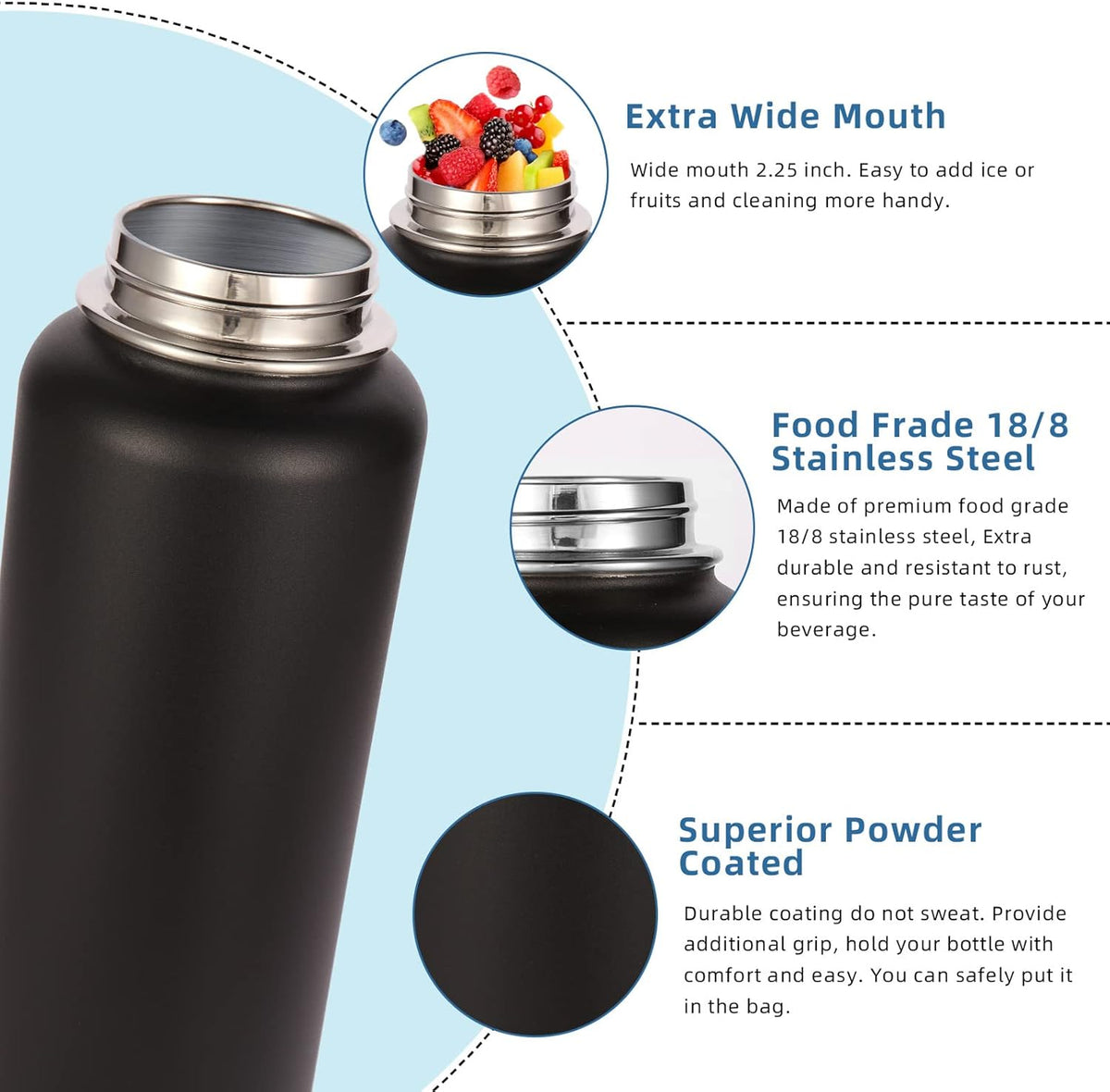 Volhoply 32oz Insulated Water Bottle with Straw Lid, Black, 8-Pack