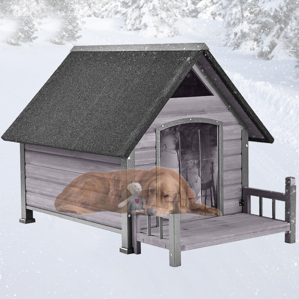 Dog House Outdoor,Dog Kennel Outside for Small Breed,Weatherproof Small Dog Shelter with Anti-Chewing Iron Frame (Brown-N, 45" D x 32.9" W x 32.6" H)