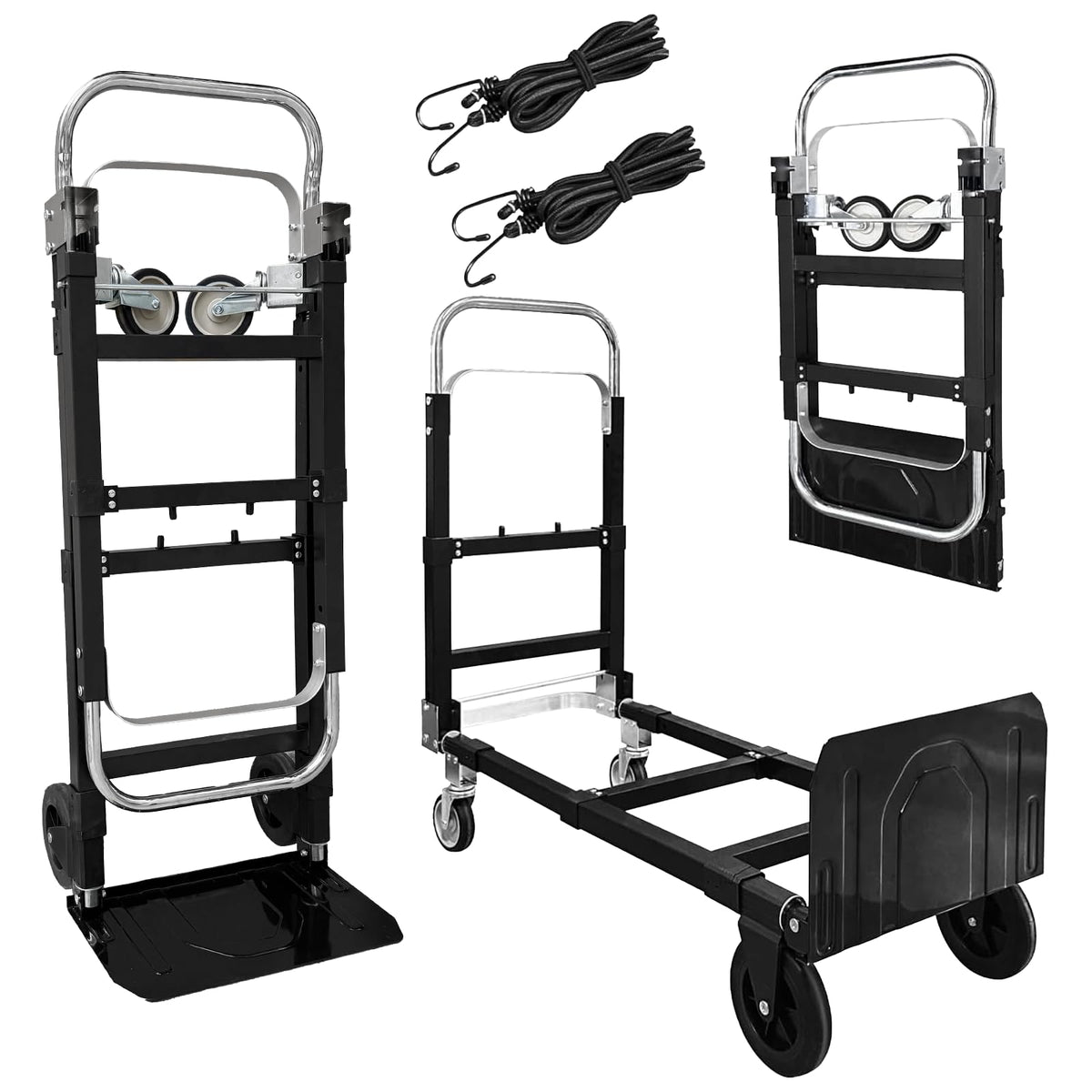 3 in 1 Folding Hand Truck, 600Lbs Capacity, Heavy Duty Collapsible Cart with Retractable Handle and 4 Rubber Wheels, Moving Dolly for Moving Home, Office, Food Service, Shopping Mall, Warehouse