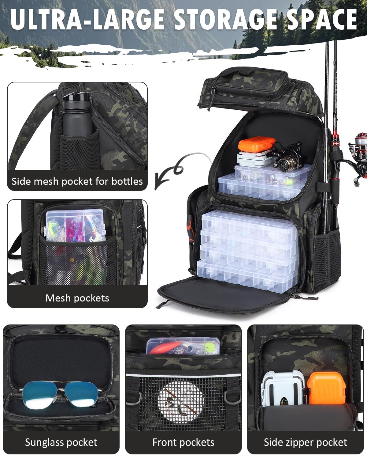 HAMBOLY 50L Fishing Backpack with Tackle Boxes, Cooler & Rod Holders