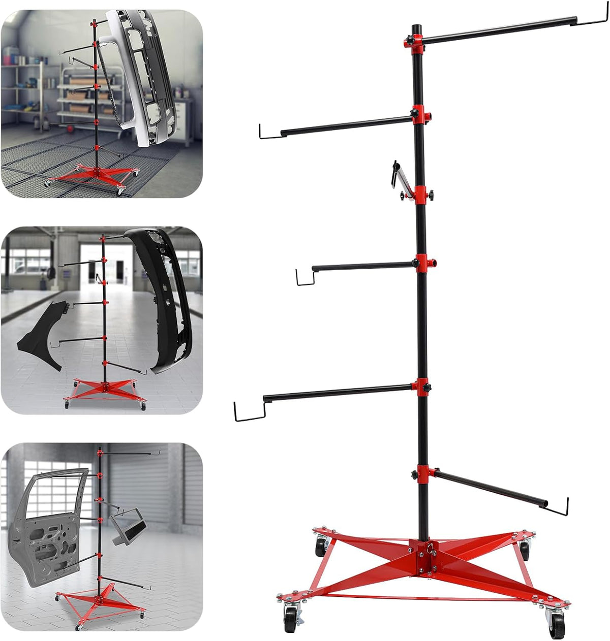 Panel Tree Paint Stand, 29.53”x 29.53”x70.87” Universal Auto Paint Stand Tree Panel Holder Hang Automotive Panels with Adjustable Center Post & 6 Hooks for Door, Fender, Bumper (29.53”x 29.53”x70.87”)