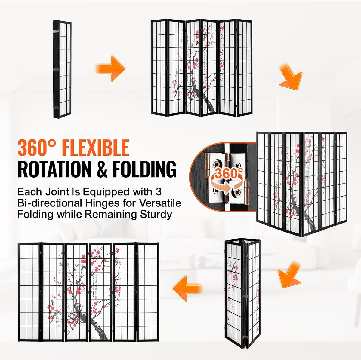 VEVOR Room Divider, 6 Panel Japanese Room Divider Screen, Wood Folding Privacy Screen Indoor, Japanese Partition Portable Decoration Dividers, for Room Separation Home Office Restaurant & Bedroom