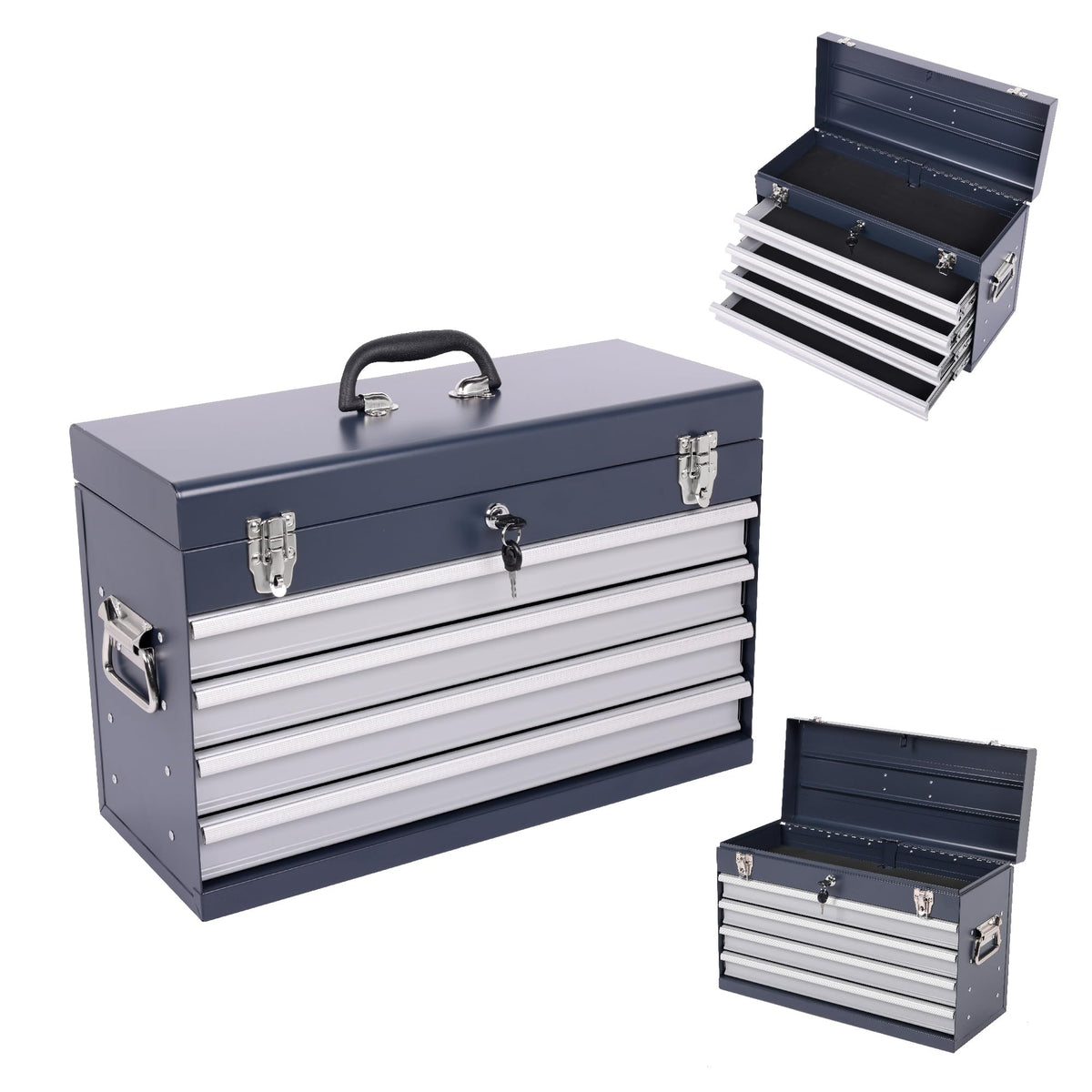 4 Drawers Metal Tool Box, 21" Portable Steel Tool Chest w/Key Lock&Latch Closure, Multi-Function Top Storage Tray Toolbox w/Powder Coating&Ball Bearing Slides (Style 1-4 Drawers - Blue)