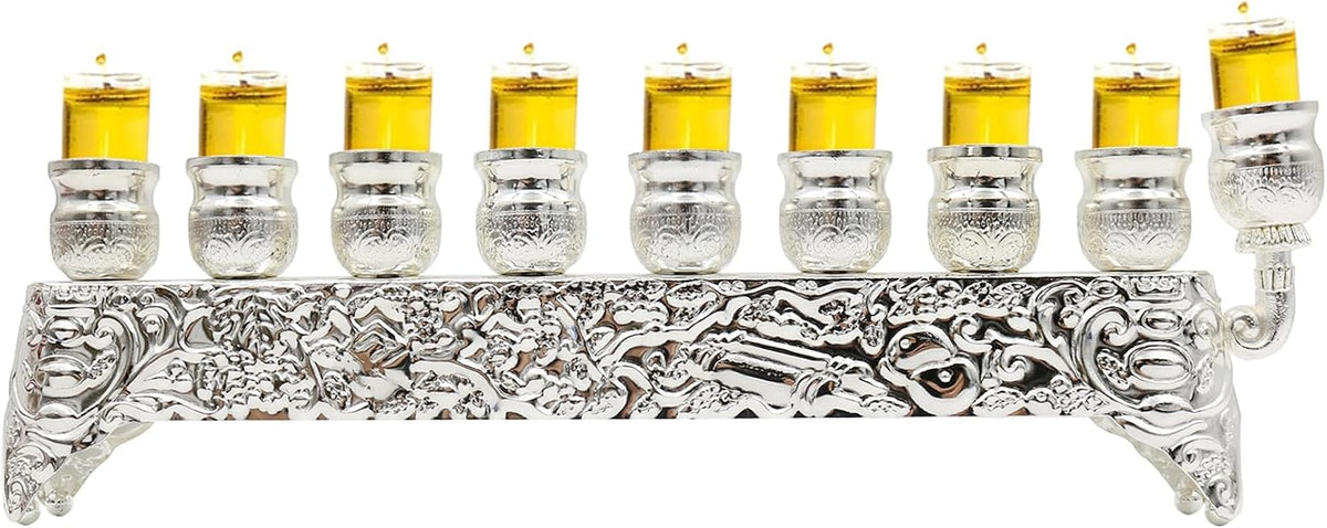Majestic Giftware Silver-Plated Chanukah Oil Menorah (MN-HA17019B) | Fits Standard Chanukah Oil Cups and Large Candles | Durable & Long-Lasting Quality | Hanukkah Menorah - 3” High