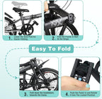 20 Inch Folding Bike for Adults with Basket & Phone Holder, 6-Speed City Commuter, Steel Frame Portable Compact Bicycle with Dual V-Brakes, Fenders, Foldable for Men Women