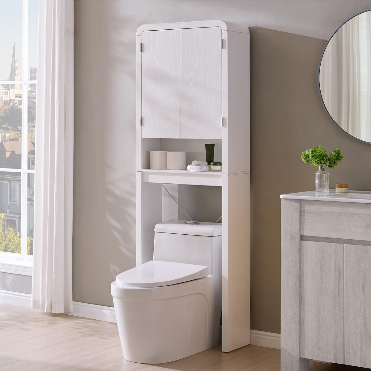 Over the Toilet Storage Cabinet, 69.69" Curved Bathroom Storage Organizer Cabinet with Doors and Adjustable Shelves, Wooden Free Standing Toilet Space Saver Rack, White
