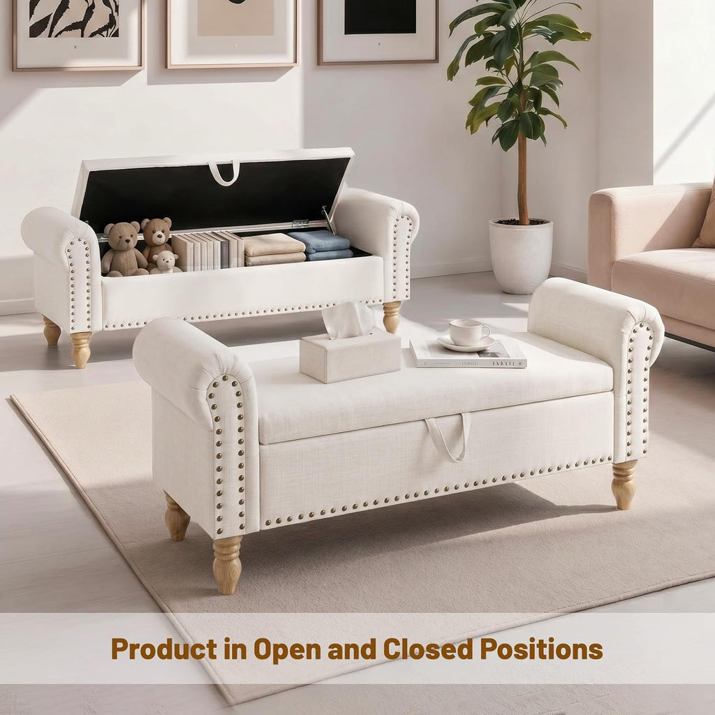 55" End of Bed Bench, Upholstered Bench with Storage, Queen, Beige