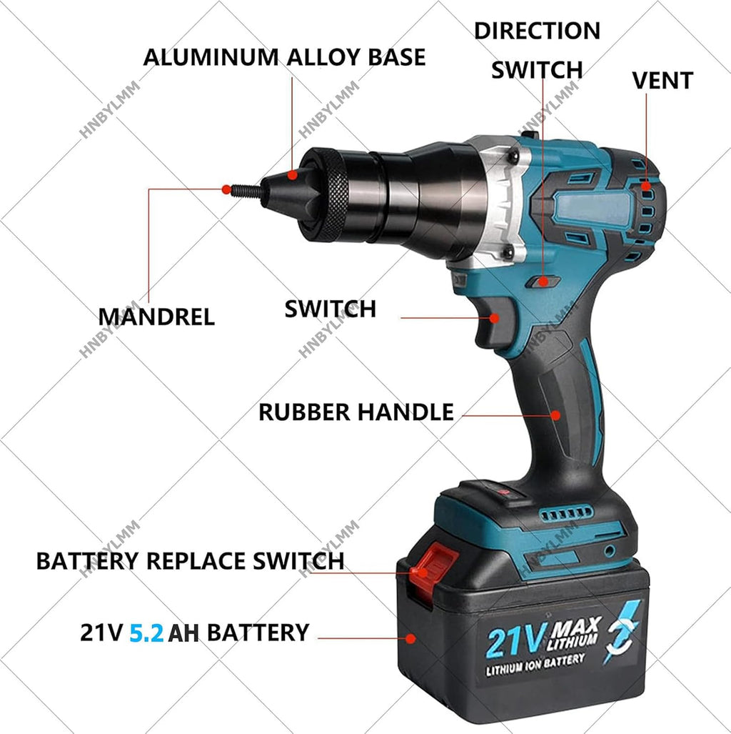 Electric Rivet Nut Gun Set, Cordless Automatic Riveter Tool