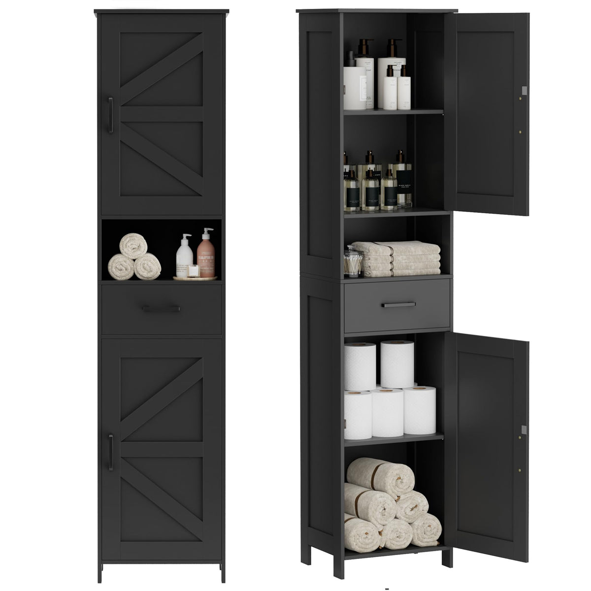Homhedy 67" H Tall Bathroom Storage Cabinet with Barn Doors and Drawer