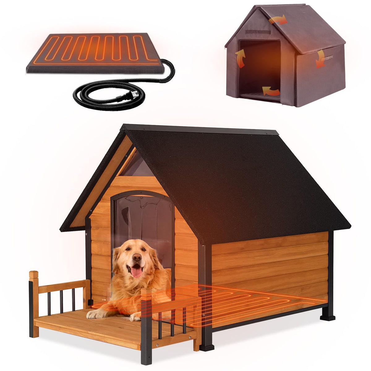 GUTINNEEN Heated Dog House Outdoor Insulated Dog House Weatherproof Dog Kennel with Thermostat-Controlled Heating Pad, 6-Sided Thermal Liner, Chew-Proof Metal Frame for Dogs