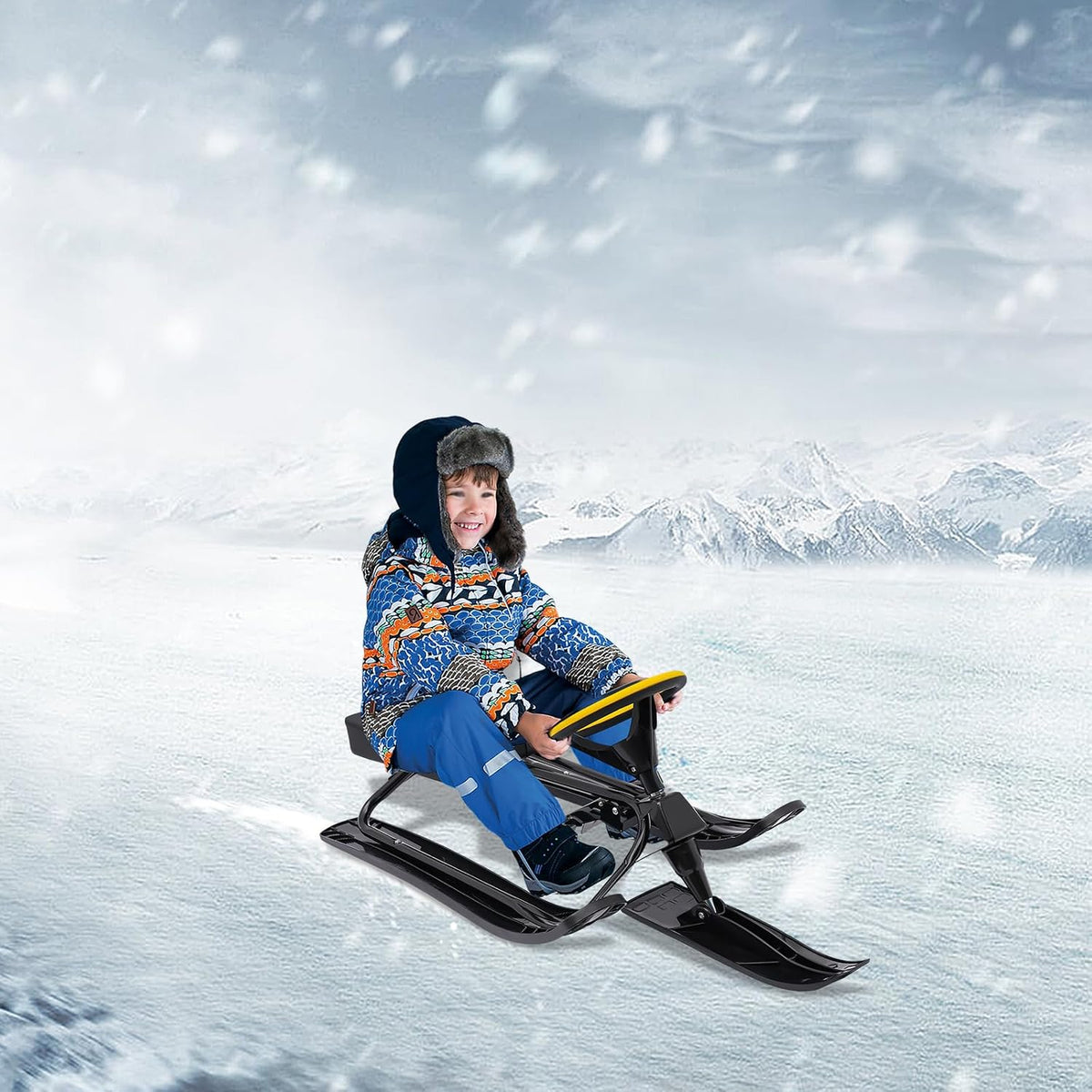 Kart Snow Sled, Steering Snow Sled, Snow Sled for Kids, 220Lb, Kart Style, Steering & Brakes, 31In Baseboard, Ski Sand Grass, 3-15Y, PU Seat