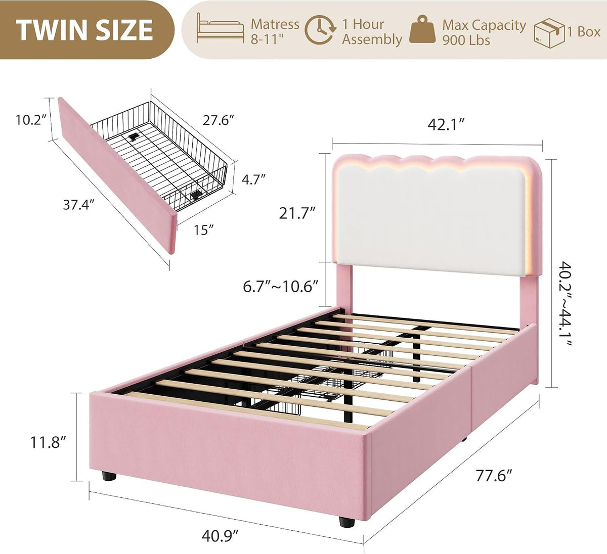 IDEALHOUSE Twin LED Bed, 2 Drawer Trundle, Pink Wave Headboard