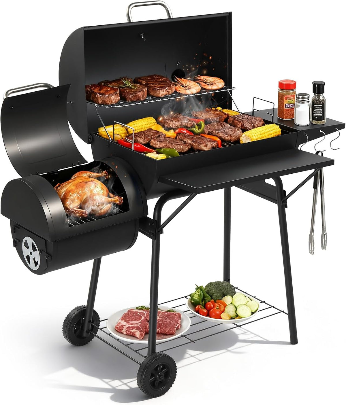 VINGLI Barrel Charcoal Grill with Offset Smoker, Built-in Lifting Carbon Mesh, Large Charcoal Barbecue Smoker Grill Combo for Outdoor Backyard Patio Camping Parties 52 × 20 × 44 inch