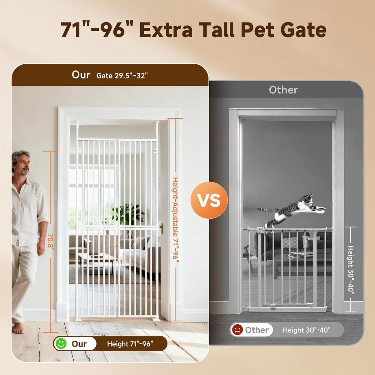 Slsy 76" Extra Tall Pet Gate for Cats & Dogs, Adjustable Width 29.5–32", No-Drill Pressure-Mounted Cat Gate, with Double-Door Walk-Through, Fits for Doorways, Stairs, Indoor & Hallways
