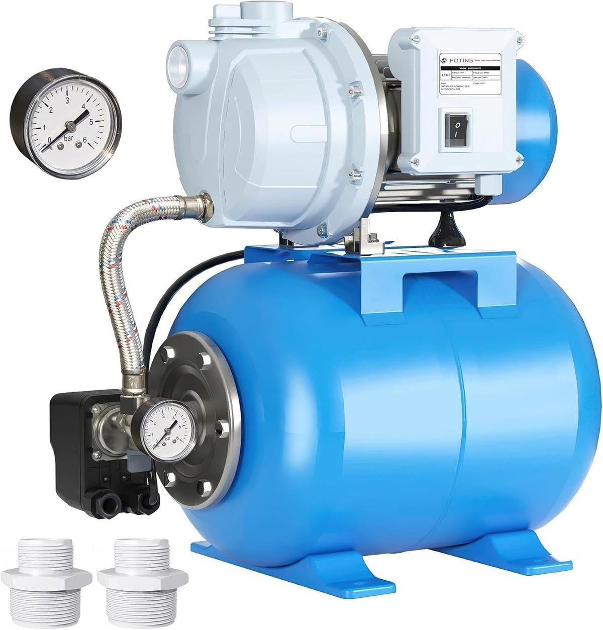 FOTING 1.5HP Shallow Well Pump with Pressure Tank, 1340GPH Automatic Irrigation Water Booster Jet Pump, Water Pumps Booster System 164FT 115V for Home Garden Lawn Farm, Blue