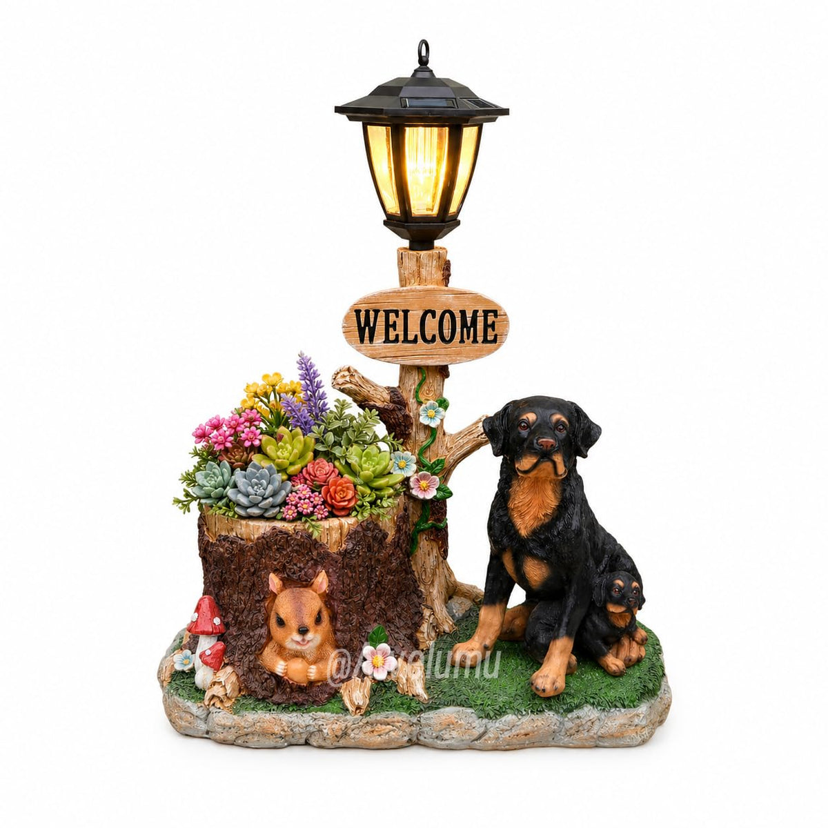 Solar Shiba Inu Statue with Welcome Sign & Lantern, Dog Garden Figurine Planter Pot, Realistic Outdoor LED Light for Porch, Yard Art & Lawn Decor, Unique Gift for Shiba Inu Lovers