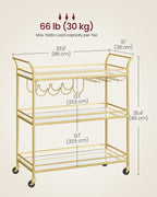 VASAGLE Bar Cart Gold, Large Home Bar Serving Cart with 3-Tier