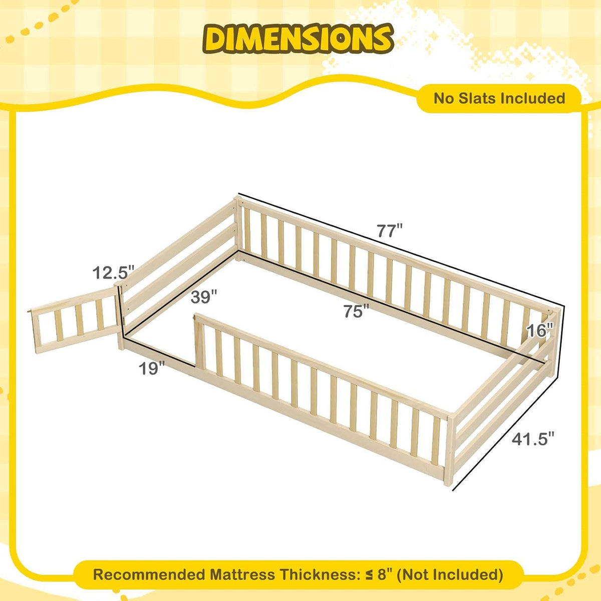 Giantex Twin Floor Bed with Fence for Kids, Wooden Montessori Bed Frame with Lockable Door & Guardrails, Low Floor Beds for Kids, Boys, Girls, No Box Spring Needed, Without Wood Slats, Natural