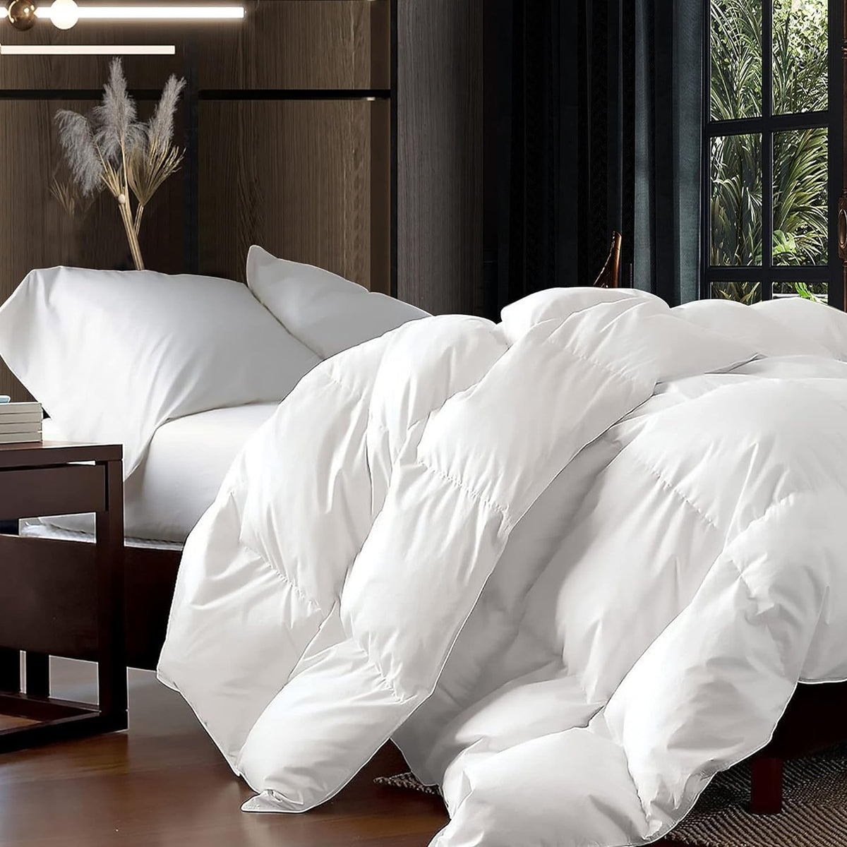 Luxurious King/Oversized King 108" x 98" Size Goose Down Fiber Waterfowl Feather Fiber Comforter Duvet, 100% Egyptian Cotton Cover, 65 oz. Fill Weight, Baffle Box Design, White Solid