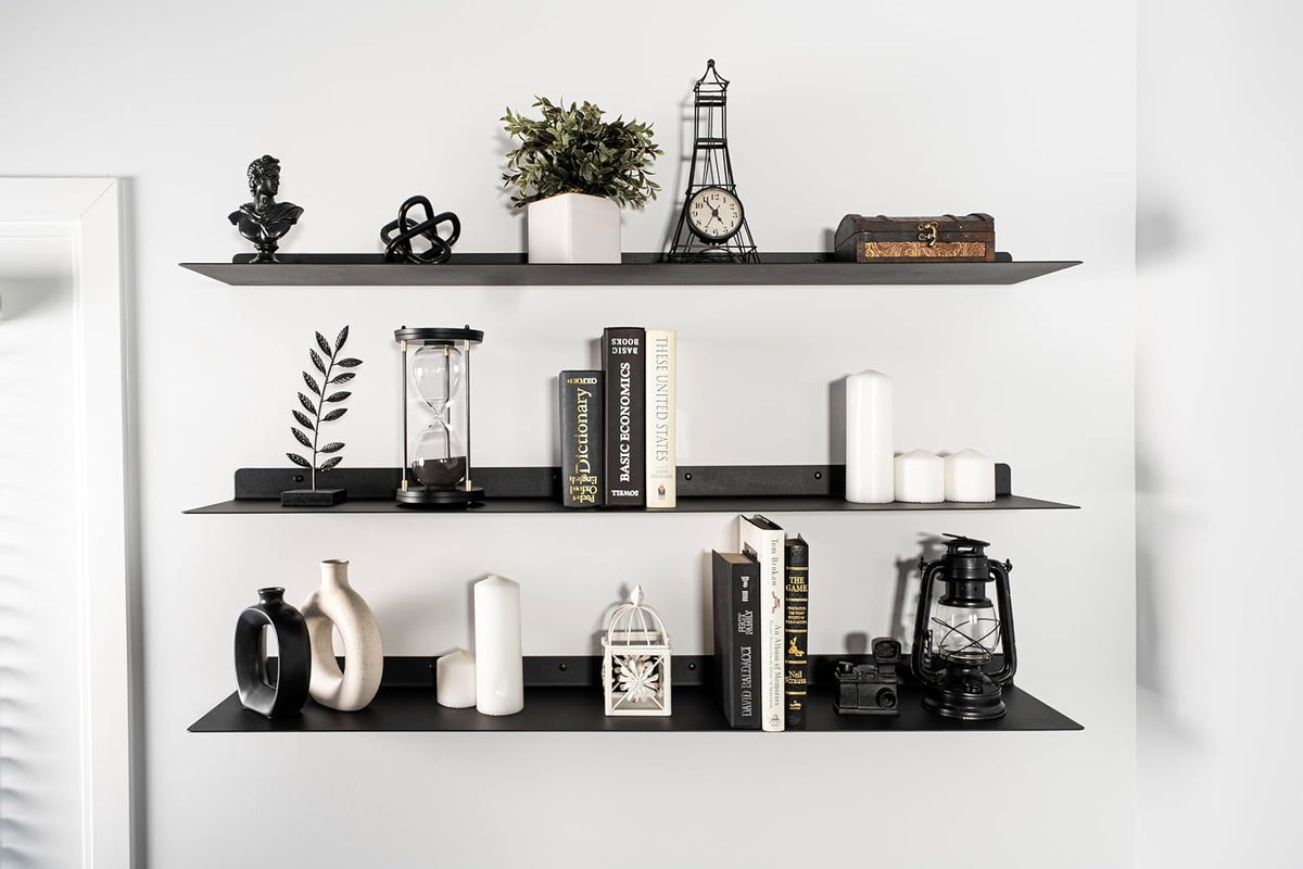 Urbandi Modern Metal Floating Wall Shelves, Industrial Style Heavy Duty Display Ledge, Black Steel Construction, Made in USA (48Wx12D)