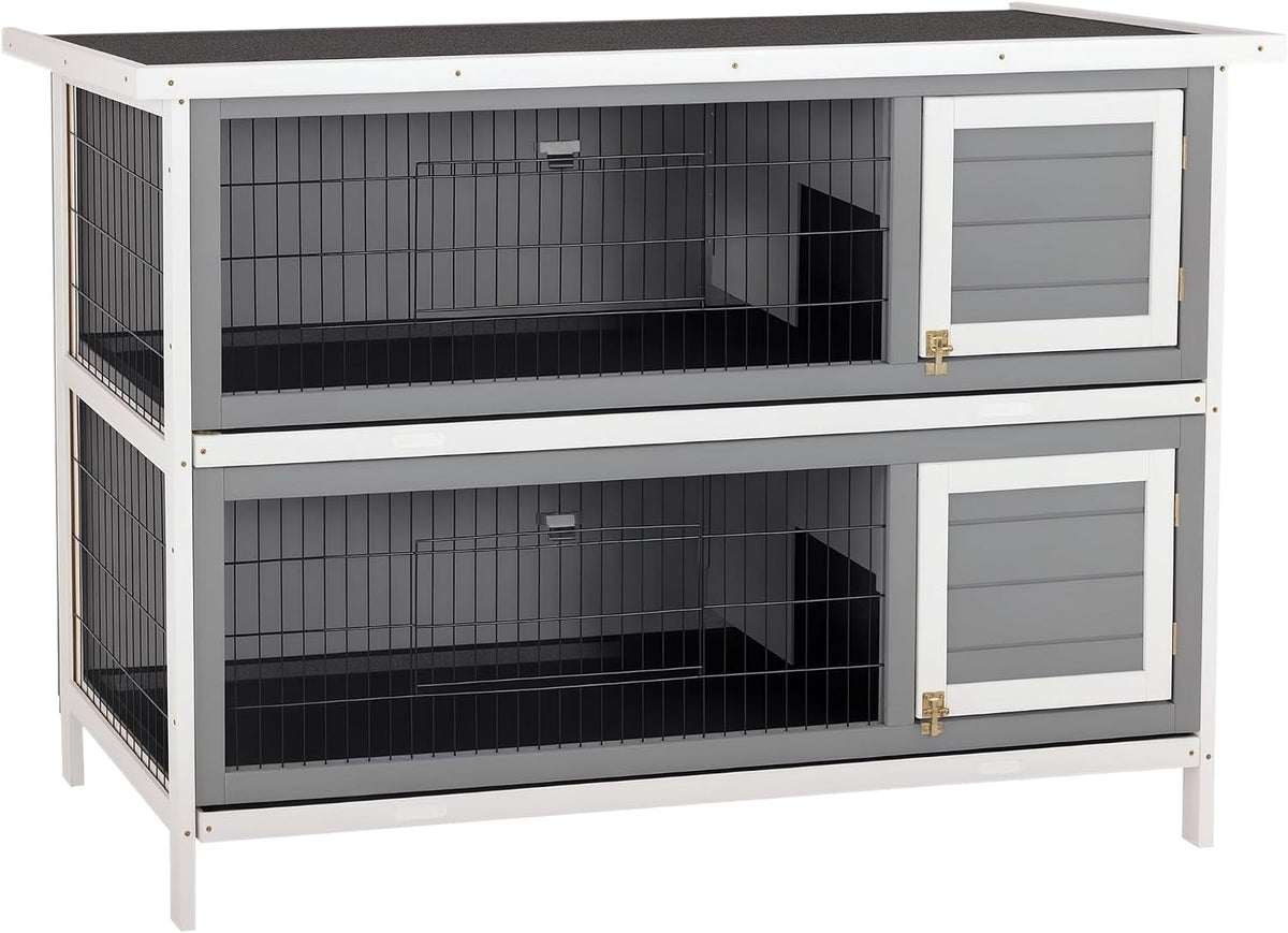 PawHut 54" 2-Story Large Rabbit Hutch Bunny Cage Wooden Pet House Small Animal Habitat with Lockable Doors, No Leak Tray and Waterproof Roof for Outdoor/Indoor Dark Grey