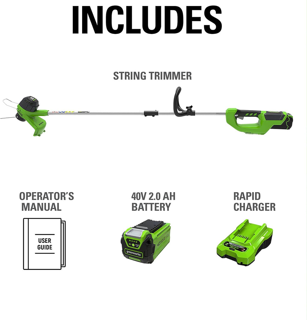 Greenworks 40V 12 in Cordless String Trimmer, 2.0 Ah Battery and Charger