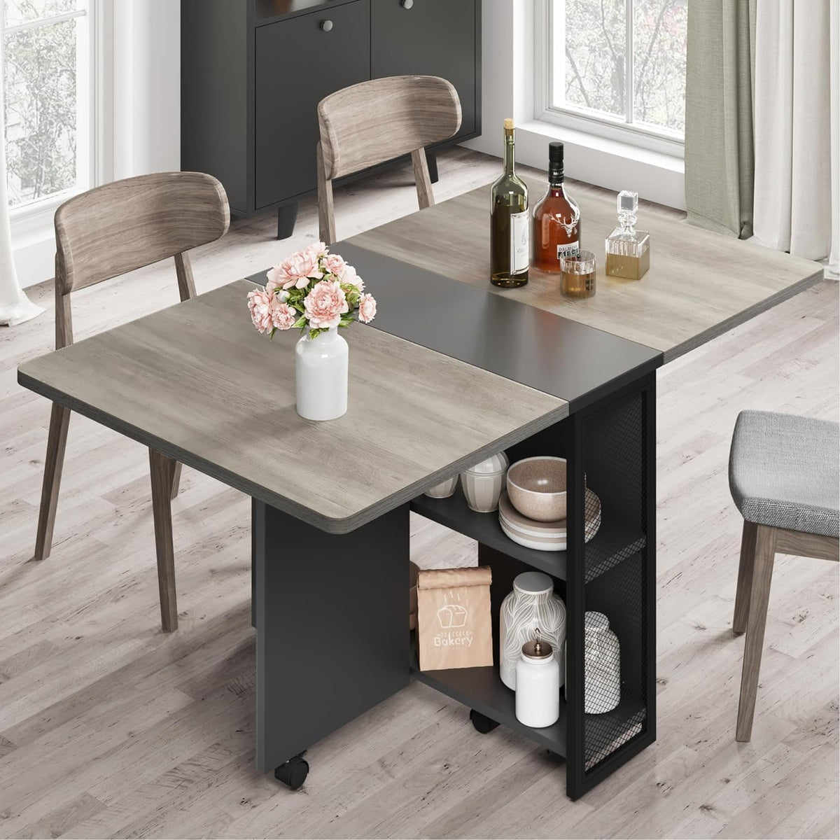 IDEALHOUSE FoldingTable, Drop Leaf Dining Table with 6 Wheels and 2-Layer Storage Shelf, Space Saving Table for Small Spaces (Natural Wood, 50.1" D x 31.4" W x 29.5" H)