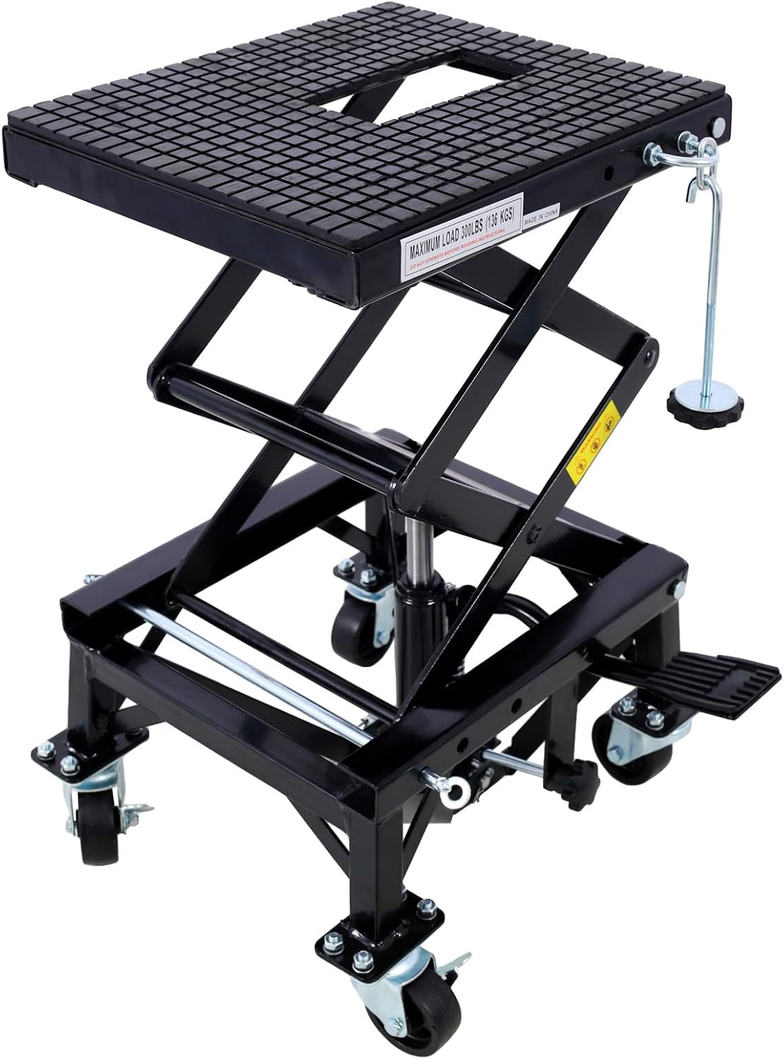 Hydraulic Motorcycle Lift Table,350 LBS Heavy Duty Ultra-Stable Jack Stand Fit for Dirt Bike ATV Bike, Jack Lift Foot Step with Deck, J-Hooks, 4 Wheels (Black)