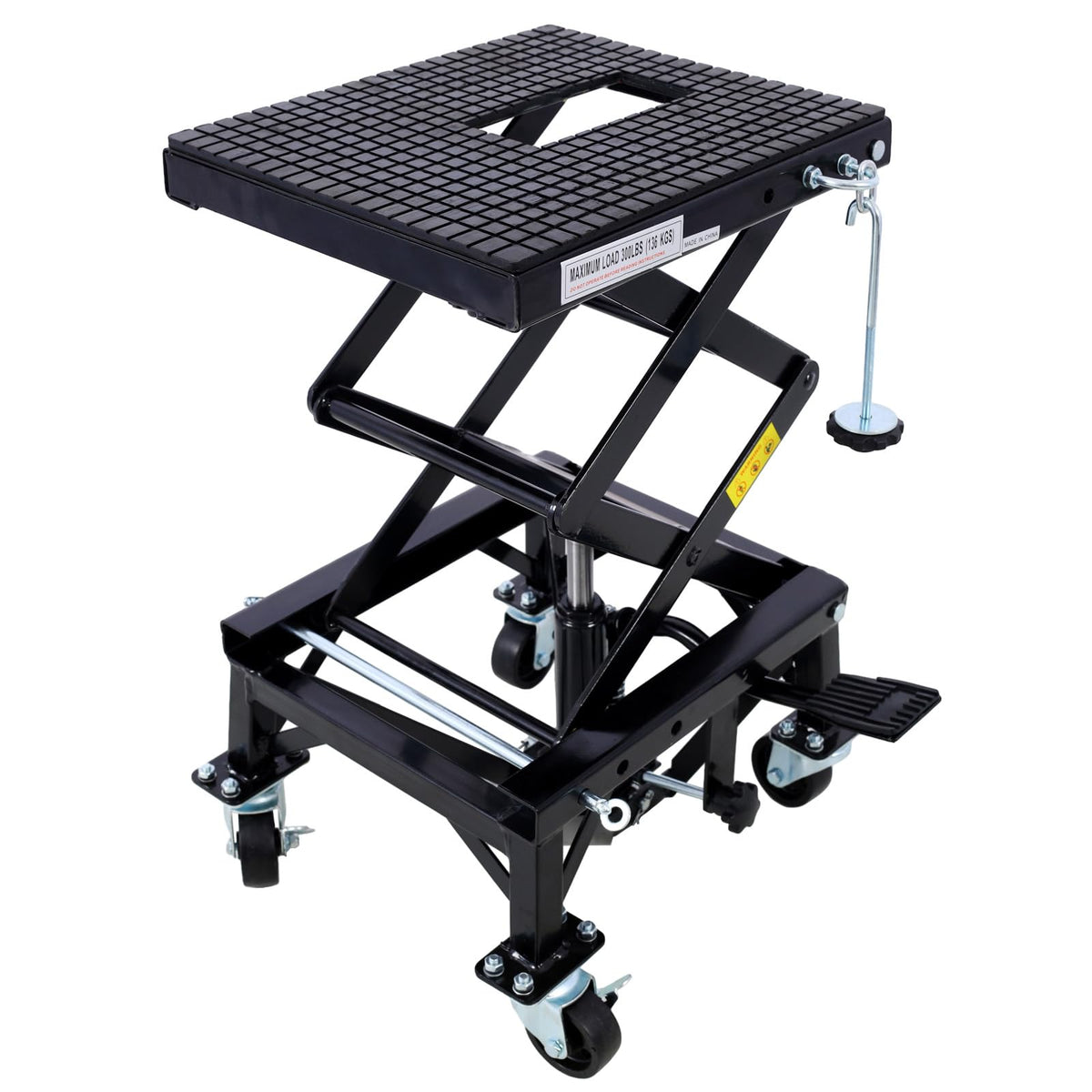 Hydraulic Motorcycle Lift Table,350 LBS Heavy Duty Ultra-Stable Jack Stand Fit for Dirt Bike ATV Bike, Jack Lift Foot Step with Deck, J-Hooks, 4 Wheels (Black)