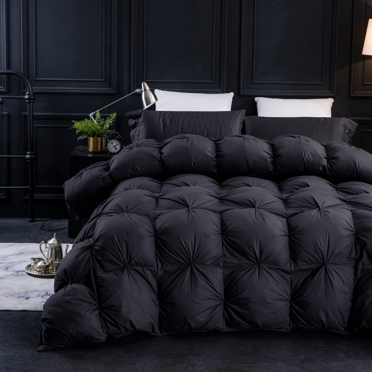 Three Geese Pinch Pleat Waterfowl Feathers and Down Comforter Queen Size Duvet Insert, 1200TC 100% Cotton Fabric, Premium All Seasons BlackGrey Warm Hotel Comforter with 8 Tabs.