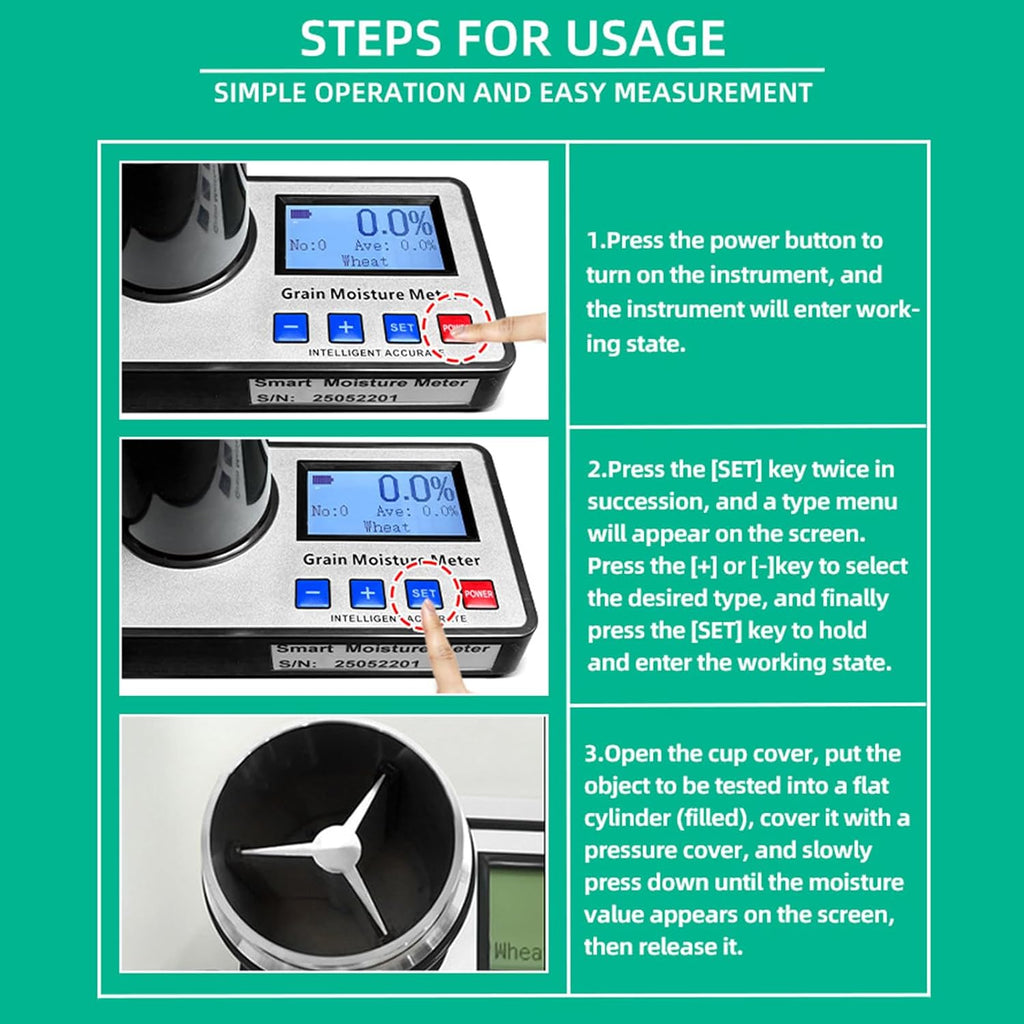 Portable Grain Moisture Tester, Grain Moisture Meter for 19 Grains Including Wheat, Corn, Coffe with Temperature Compensation, 8~30% Measuring Range