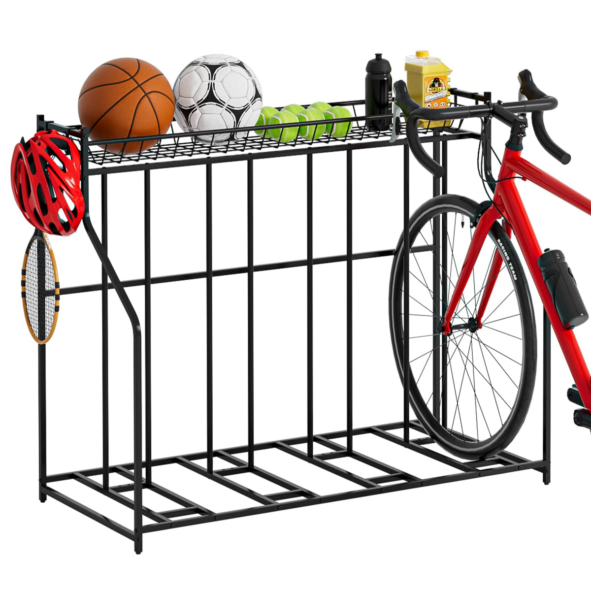 4 Bike Stand, Bike Rack Garage with 3-Tier Storage Rack, Bicycle Stand for Garage Organizer, Indoor Sporting Gear Storage Station for Mountain/Road/Hybrid & Fat Tire Bike, Patent Pending